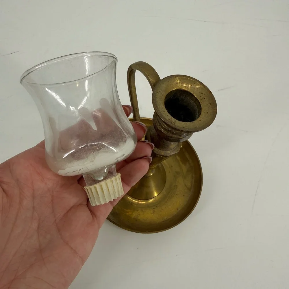 Vintage Solid Brass Chamberstick Candle Holder with Glass Hurricane Shade India